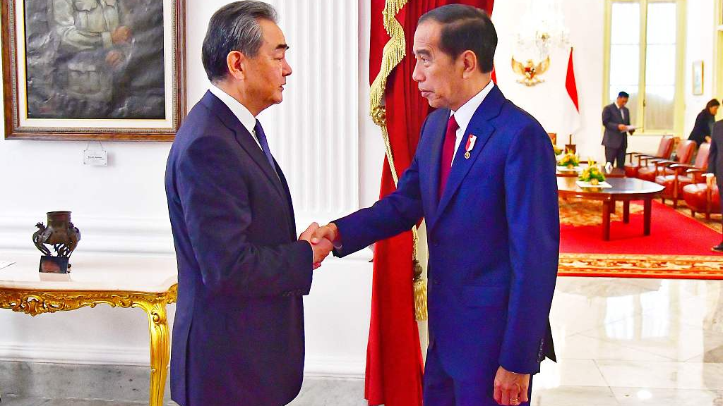 Indonesian President Joko Widodo (R) meets with Chinese Foreign Minister Wang Yi at the Merdeka Palace in Jakarta, Indonesia, April 18, 2024. /CFP