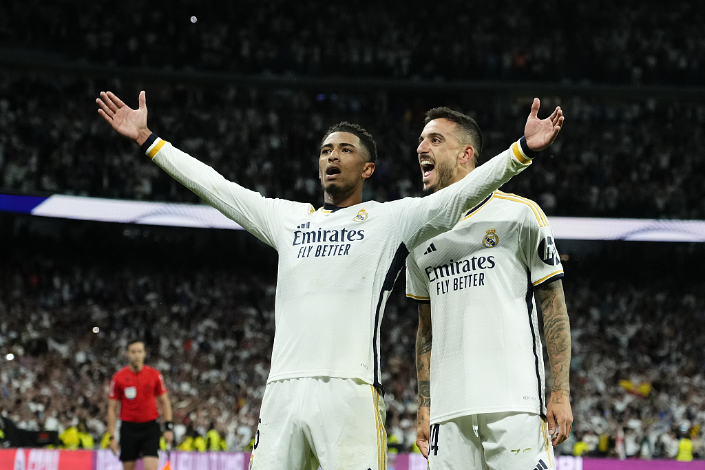 Real Madrid's Jude Bellingham spread his arms wide after their clash with Barcelona at the Santiago Bernabeu stadium in Madrid, Spain, April 21, 2024. /CFP