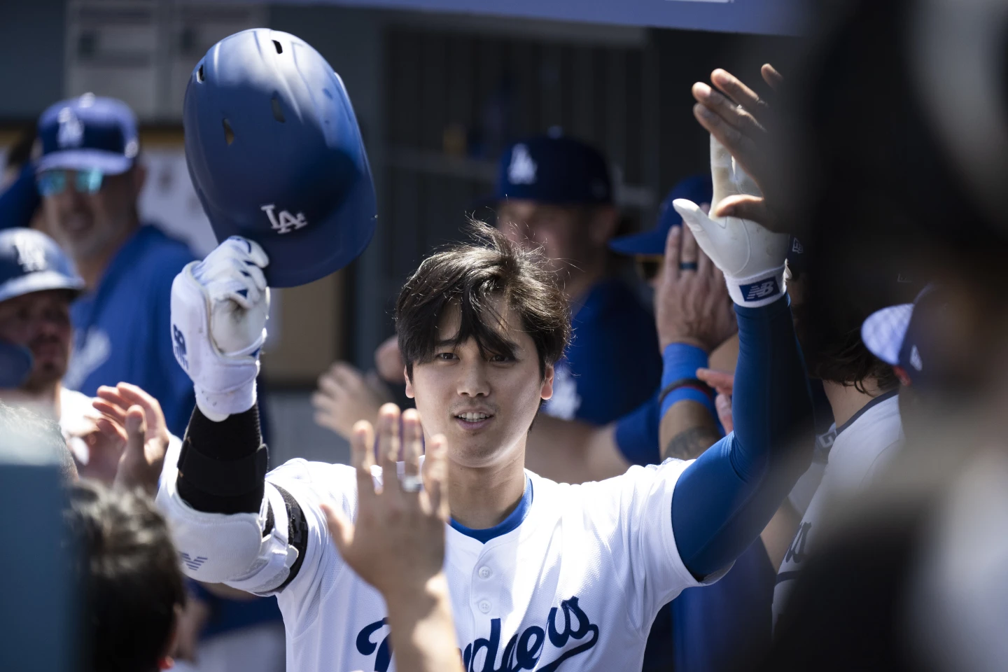 Shohei Ohtani of the Los Angeles Dodgers celebrates after hitting a two-run homer during the third inning in the game against the New York Mets at Dodger Stadium in Los Angeles, California, April 21, 2024. /AP