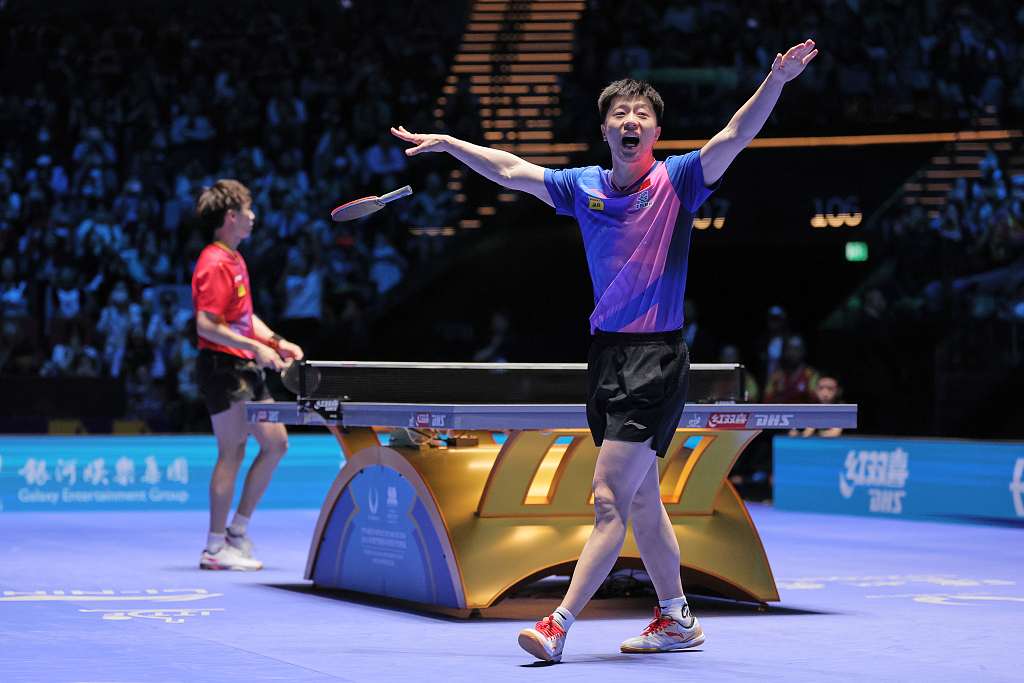 China's Ma Long reacts after winning the men's singles final at the ITTF World Cup in Macao Special Administrative Region, China, April 21, 2024. /CFP