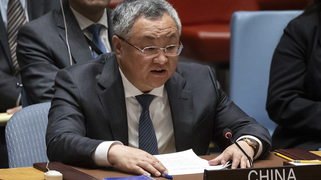 Fu Cong, China's permanent representative to the United Nations, speaks during a Security Council meeting at United Nations headquarters, New York, April 18, 2024. /CFP