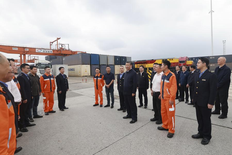 Chinese President Xi Jinping, also general secretary of the Communist Party of China Central Committee and chairman of the Central Military Commission, visits an international logistics hub park in southwest China's Chongqing Municipality, April 22, 2024. /Xinhua