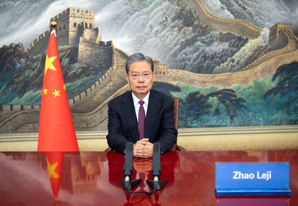 Zhao Leji, chairman of the National People's Congress (NPC) Standing Committee, delivers a speech via video at the celebration of the 200th anniversary of the establishment of Mexico's Senate in Beijing, China, April 23, 2024. /Xinhua