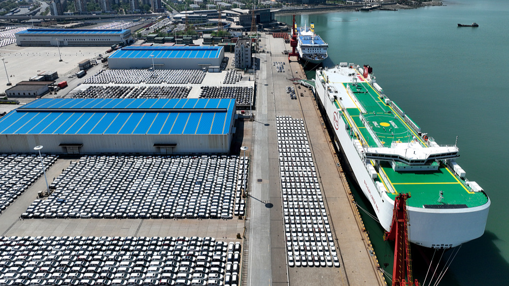 A view of the new energy vehicles for export at the port of Lianyungang Port in Lianyungang City, east China's Jiangsu Province, April 25, 2024. /CFP