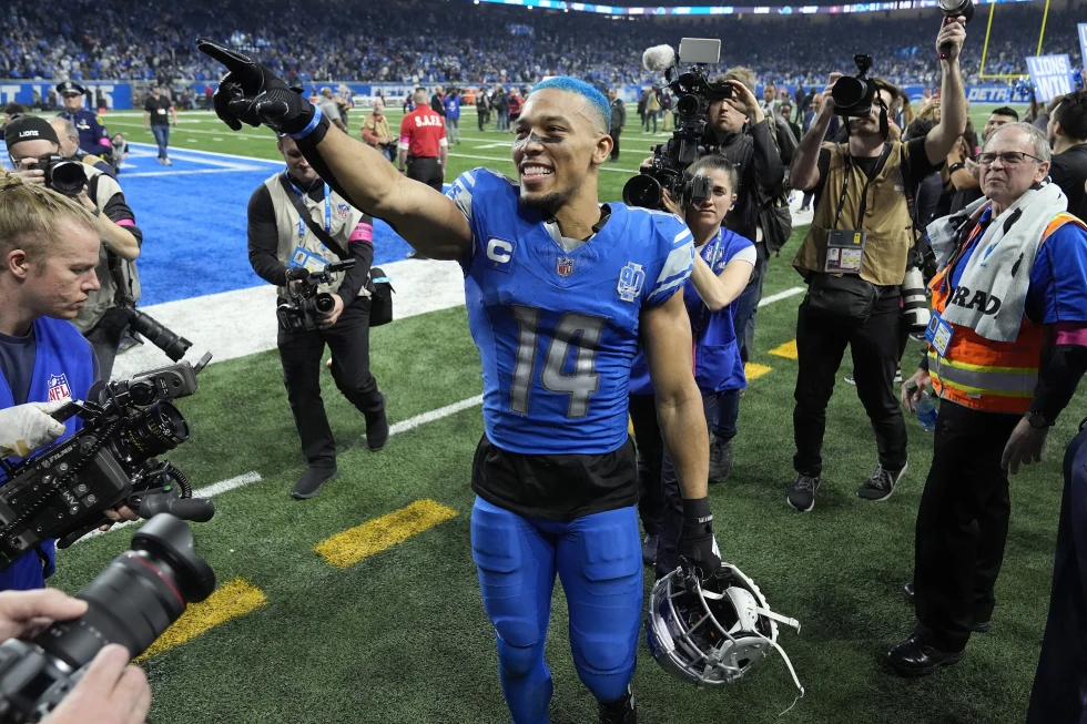 Wide receiver Amon-Ra St. Brown (#14) of the Detroit Lions looks on after the 31-23 win over the Tampa Bay Buccaneers in the National Football Conference Divisional Game at Ford Field in Detroit, Michigan, January 21, 2024. /AP