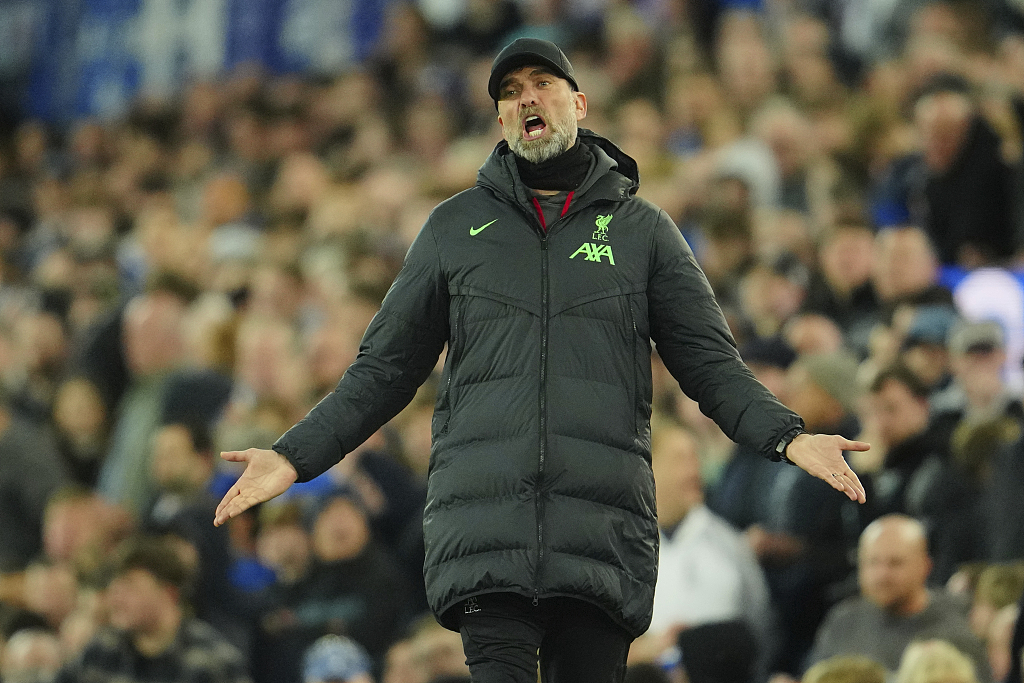 Liverpool manager Jurgen Klopp reacts during their clash with Everton at Goodison Park in Liverpool, England, April 24, 2024. /CFP