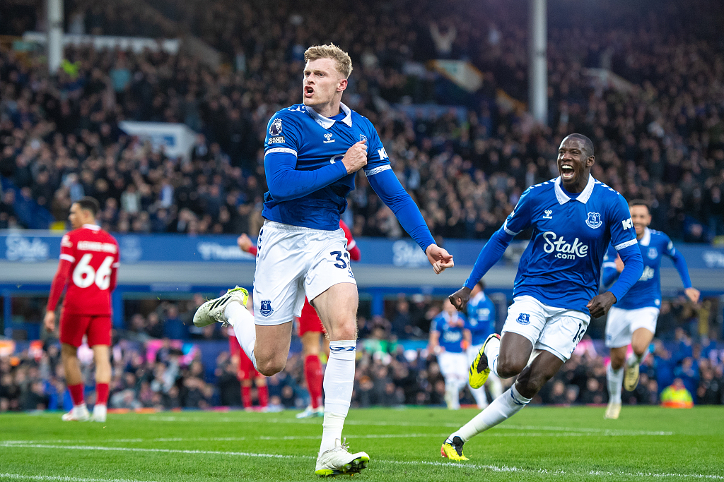 Jarrad Branthwaite (C) of Everton celebrates scoring his team's first goal during their clash with Liverpool at Goodison Park in Liverpool, England, April 24, 2024. /CFP