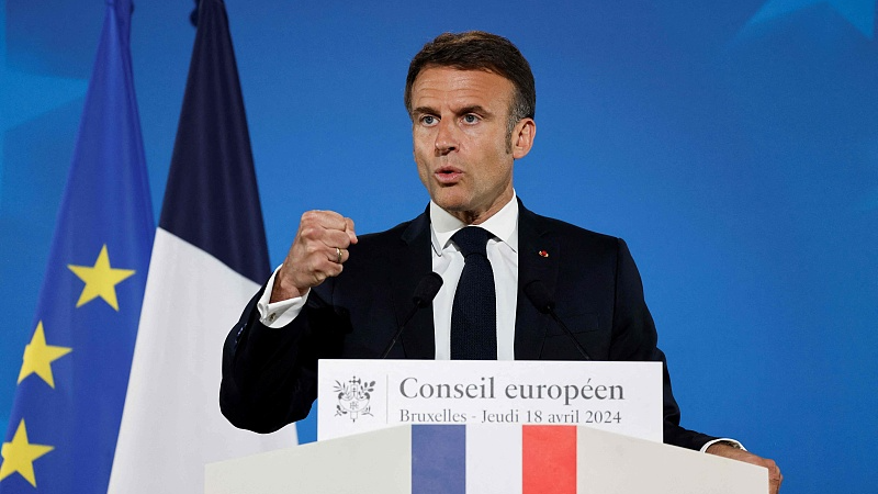 French President Emmanuel Macron gestures during a press conference at the end of the European Council summit at the EU headquarters in Brussels, April 18, 2024. /CFP