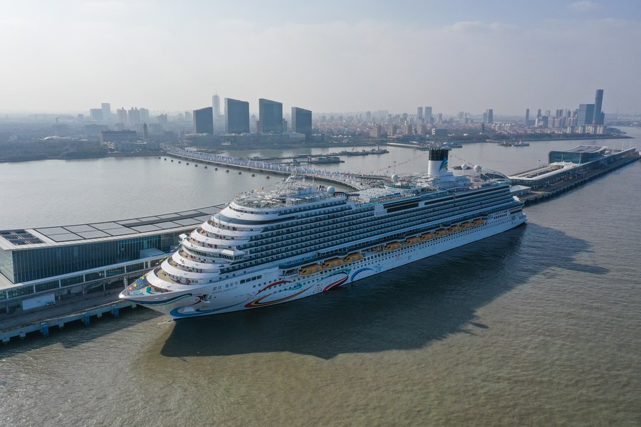The large cruise ship Adora Magic City docked at the Shanghai Wusongkou International Cruise Terminal, Shanghai, China, January 1, 2024. /Xinhua