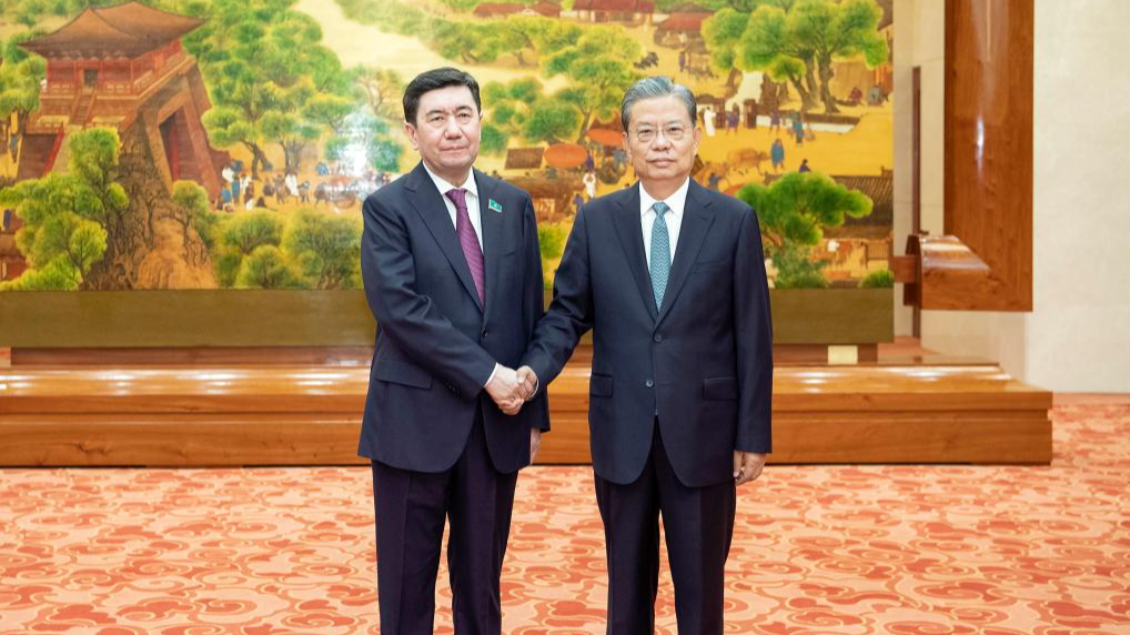 Zhao Leji (R), chairman of the National People's Congress Standing Committee, holds talks with Yerlan Koshanov, speaker of the lower house of Kazakhstan's parliament, Beijing, capital of China, April 25, 2024. /Xinhua