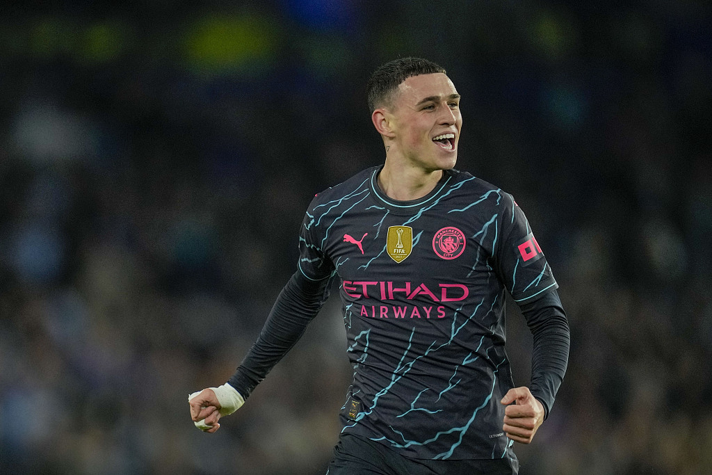 Manchester City's Phil Foden reacts after scoring his side's second goal during their clash with Brighton at the Amex Stadium in Brighton, England, April 25, 2024. /CFP
