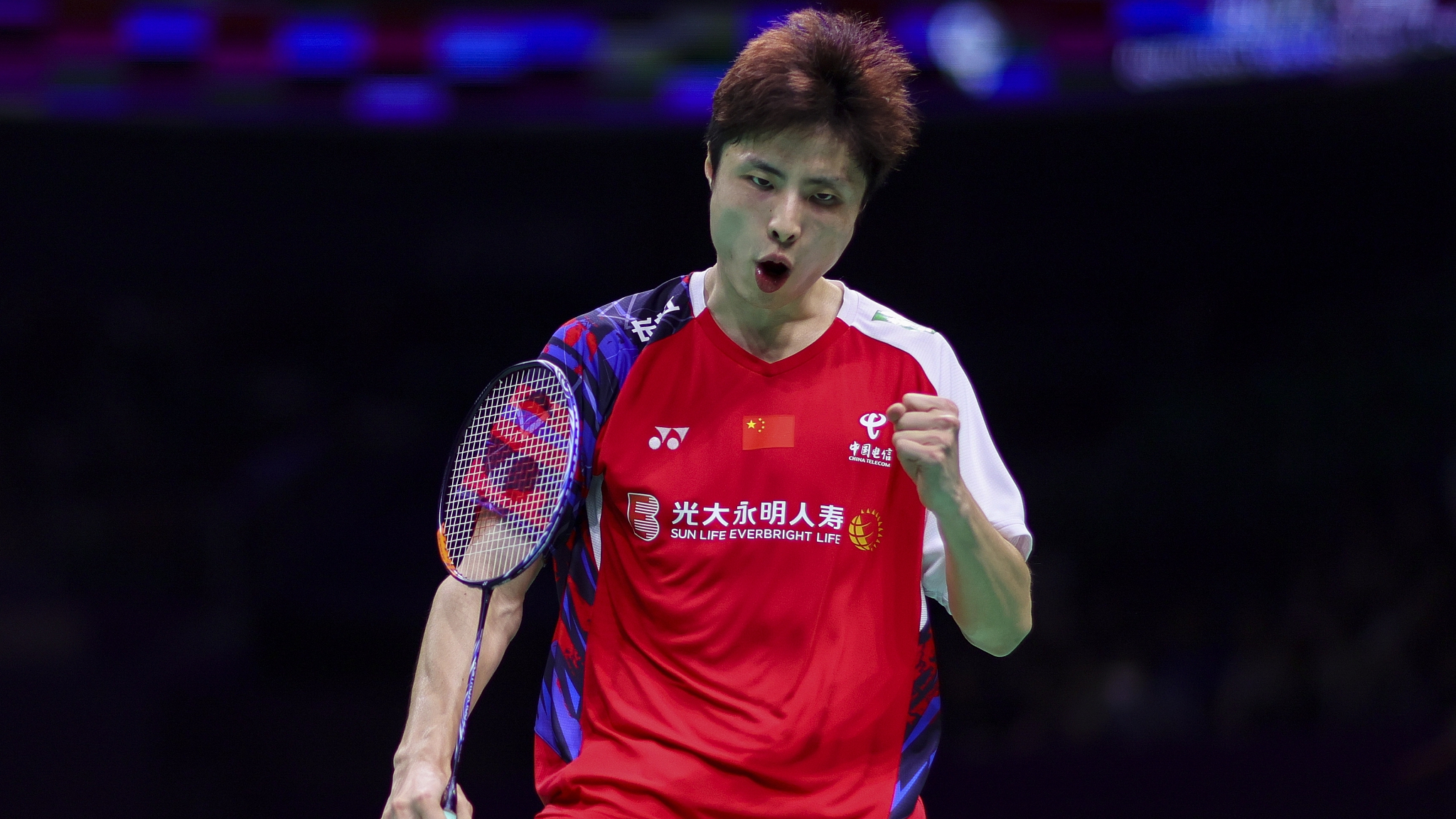 China's Shi Yuqi celebrates during day two of the Thomas & Uber Cup Finals 2024 at Chengdu High-tech Sports Center in Chengdu, China, April 28, 2024. /CFP