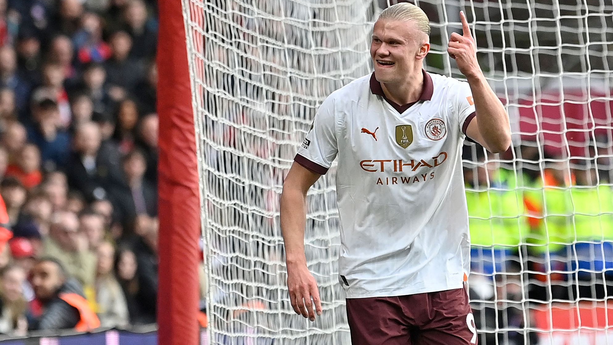 Manchester City's Erling Haaland reacts after scoring during his team's clash with Nottingham Forest at The City Ground in Nottingham, England, April 28, 2024. /CFP