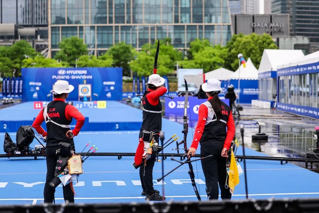 Team China in action during the recurve women's team final at the Archery World Cup in Shanghai, China, April 28, 2024. /CFP