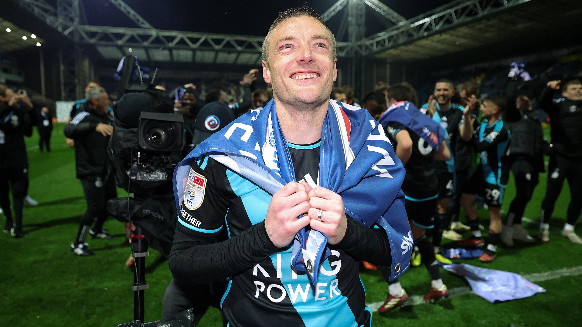 Jamie Vardy of Leicester City reacts at full-time following the team's victory to win the Championship title at Deepdale in Preston, England, April 29, 2024. /CFP