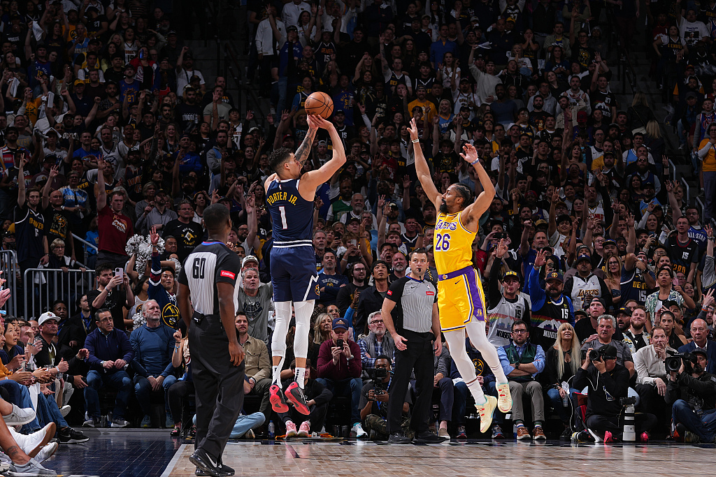 Michael Porter Jr. (#1) of the Denver Nuggets shoots in Game 5 of the NBA Western Conference first-round playoffs against the Los Angeles Lakers at Ball Arena in Denver, Colorado, April 29, 2024. /CFP