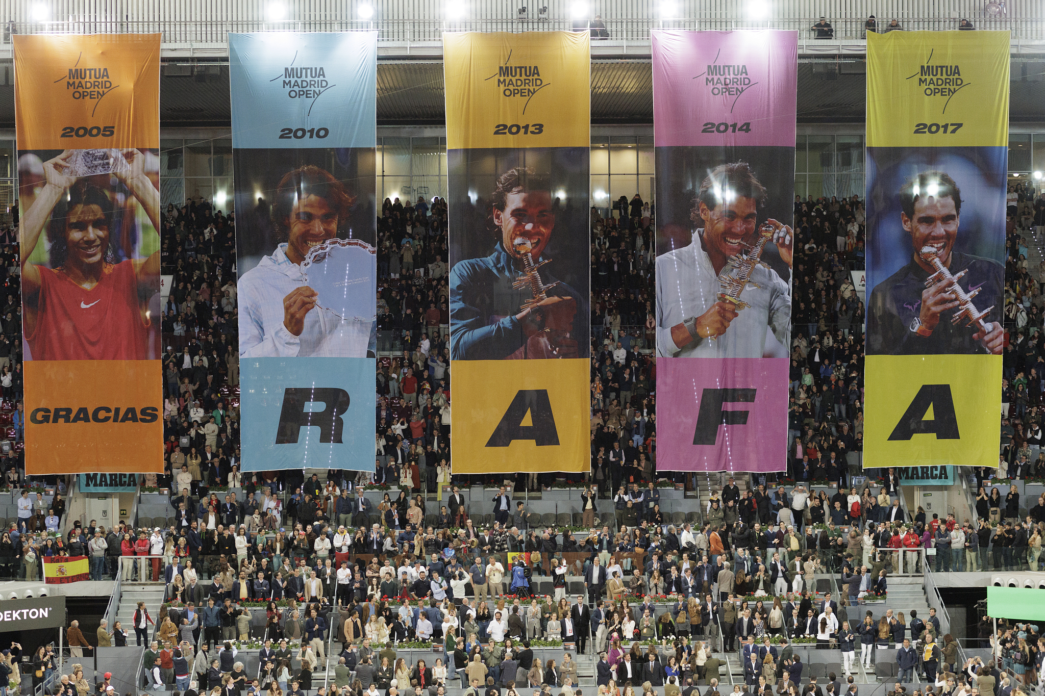 Banners that honor the five Madrid Open titles of Rafael Nadal hang inside Manolo Santana Stadium, Madrid, Spain, April 30, 2024. /CFP