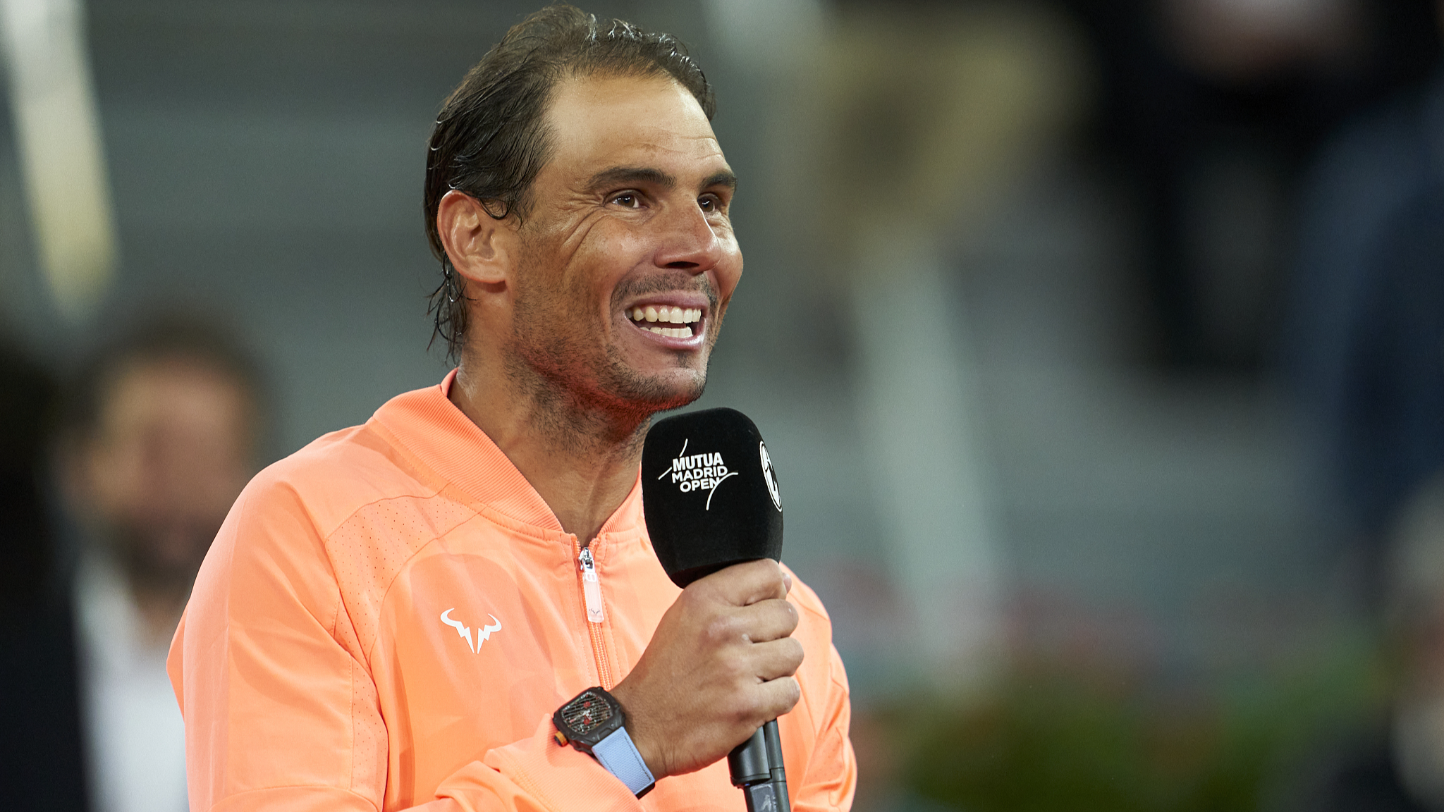 Rafael Nadal speaks on court after exiting the Madrid Open following his loss to Jiri Lehecka in Madrid, Spain, April 30, 2024. /CFP