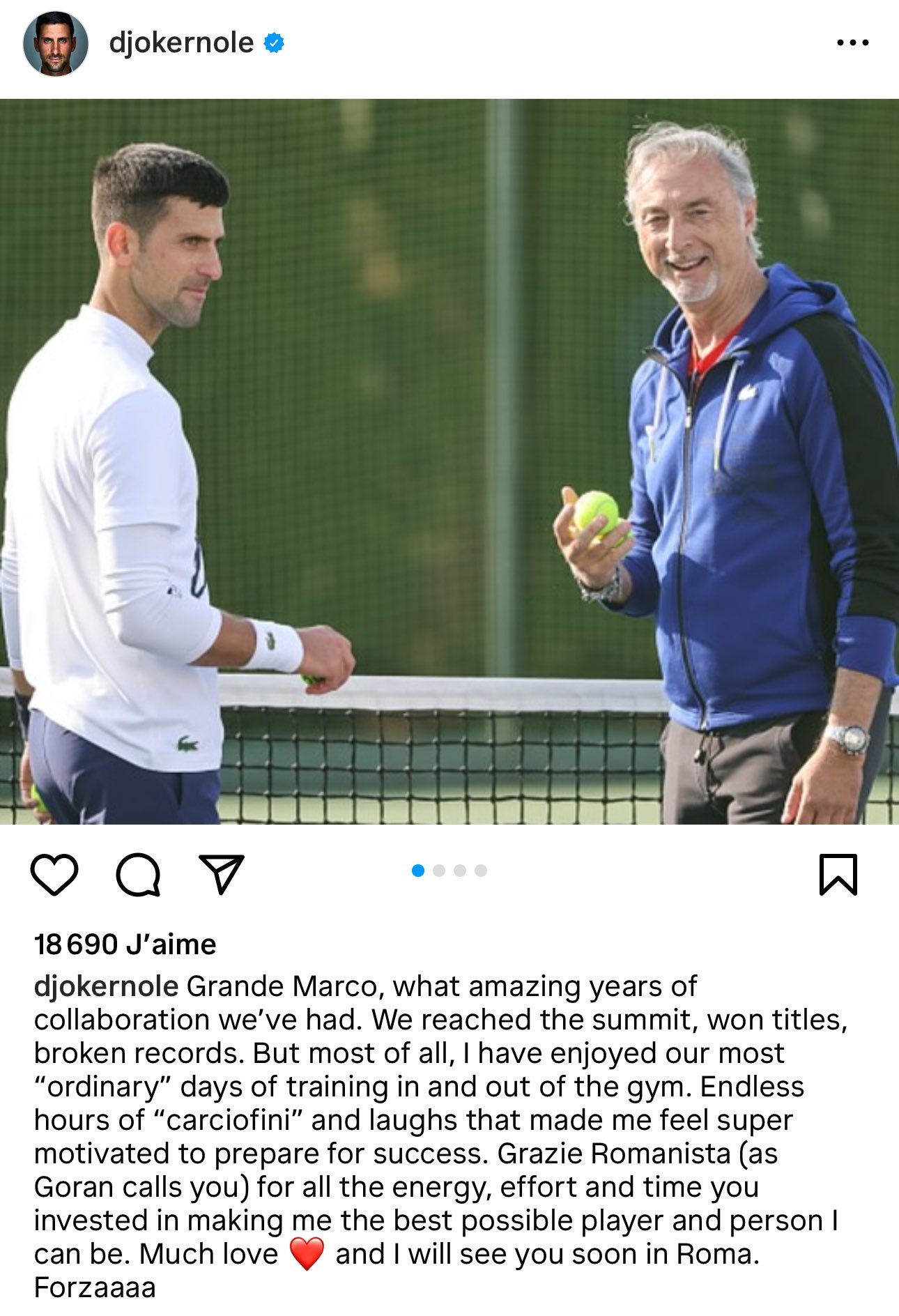 Novak Djokovic's Instagram post on April 30 about Marco Panichi. /@djokernole