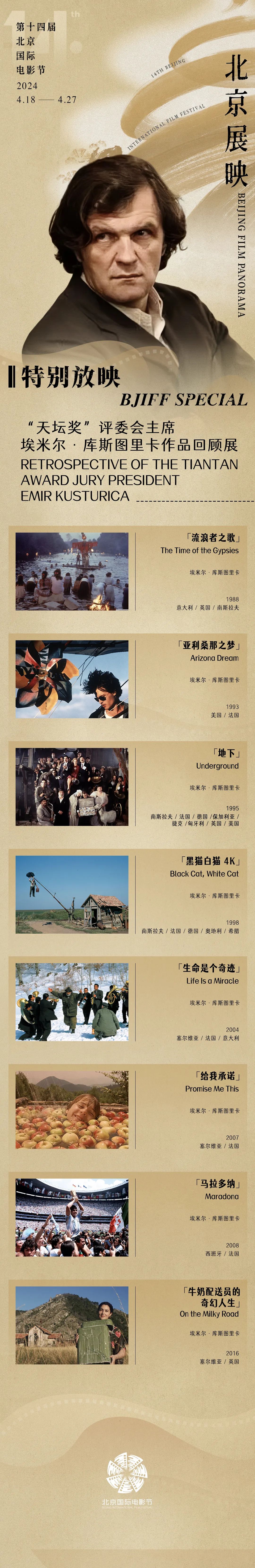 A poster shows the eight films by Serbian director Emir Kusturica screened during the 14th Beijing International Film Festival. /BJIFF