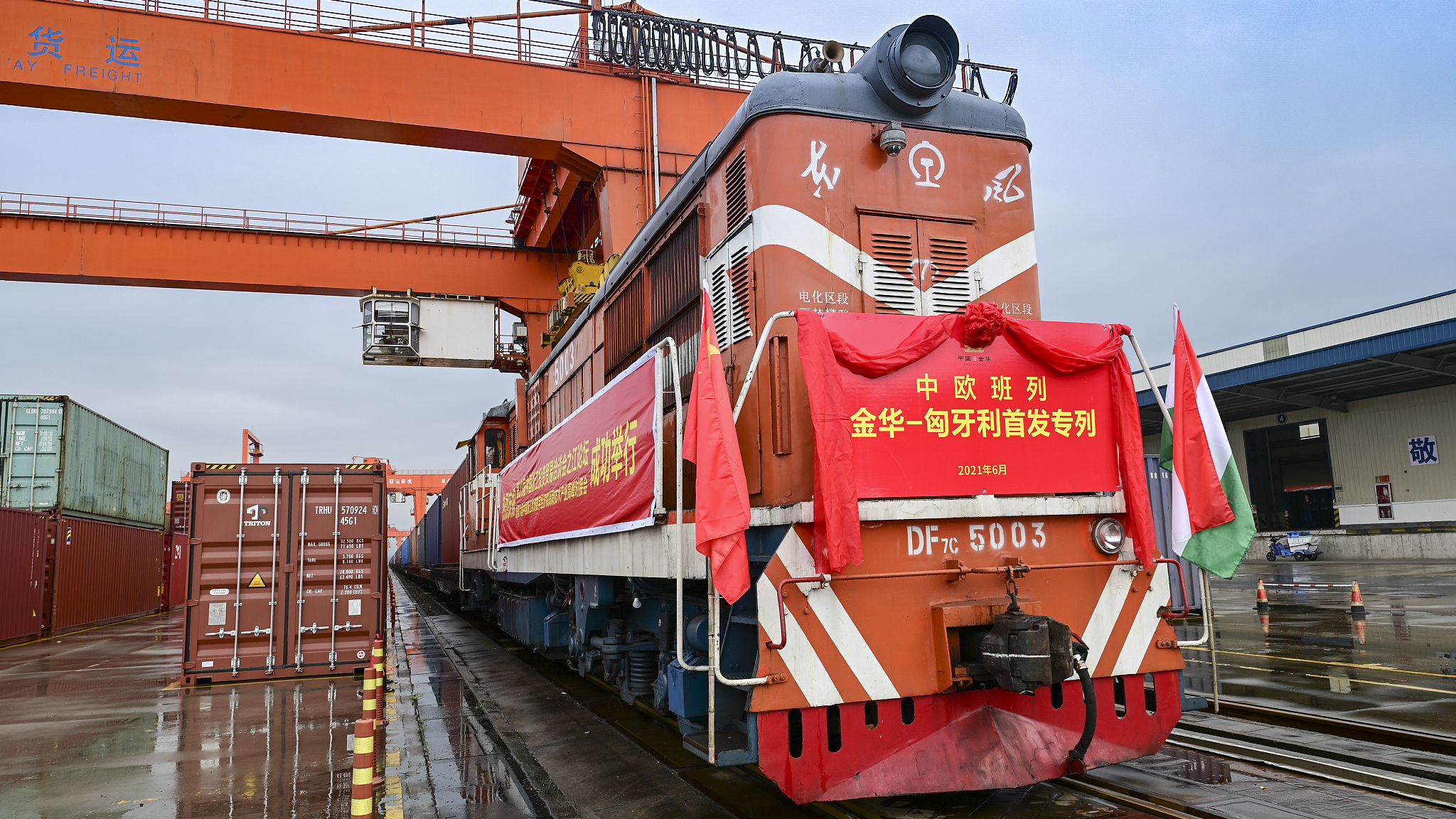 The China-Europe freight train linking the city of Jinhua in east China's Zhejiang Province with Budapest in Hungary is launched on June 7, 2021. /CFP