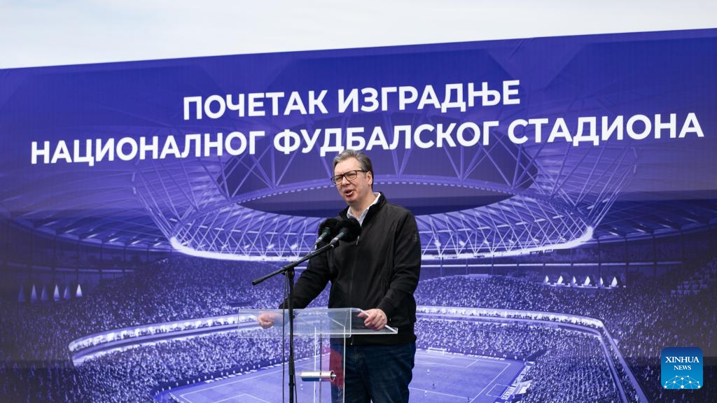 Serbian President Aleksandar Vucic addresses groundbreaking ceremony for the construction of Serbia's National Stadium in Belgrade, Serbia, May 1, 2024. /Xinhua