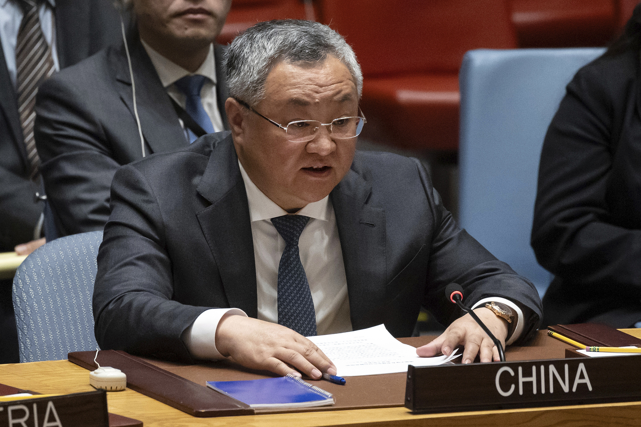 Fu Cong, China's permanent representative to the United Nations, speaks during a Security Council meeting at United Nations headquarters in New York, U.S., April 18, 2024. /CFP
