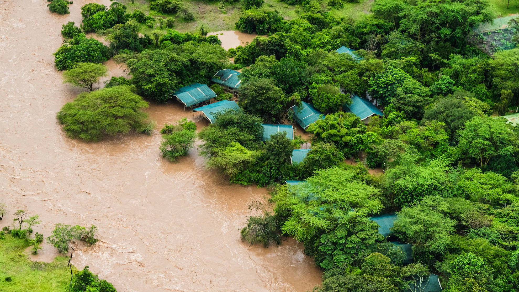 An aerial view of the flooded Maasai Mara National Reserve that left dozens of tourists stranded in Narok County, Kenya, May 1, 2024. /CFP