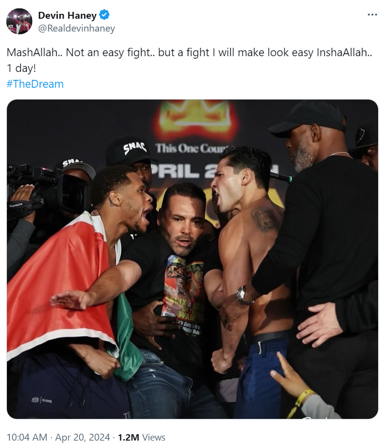 Devin Haney's tweet on April 20 ahead of the fight. / @Realdevinhaney