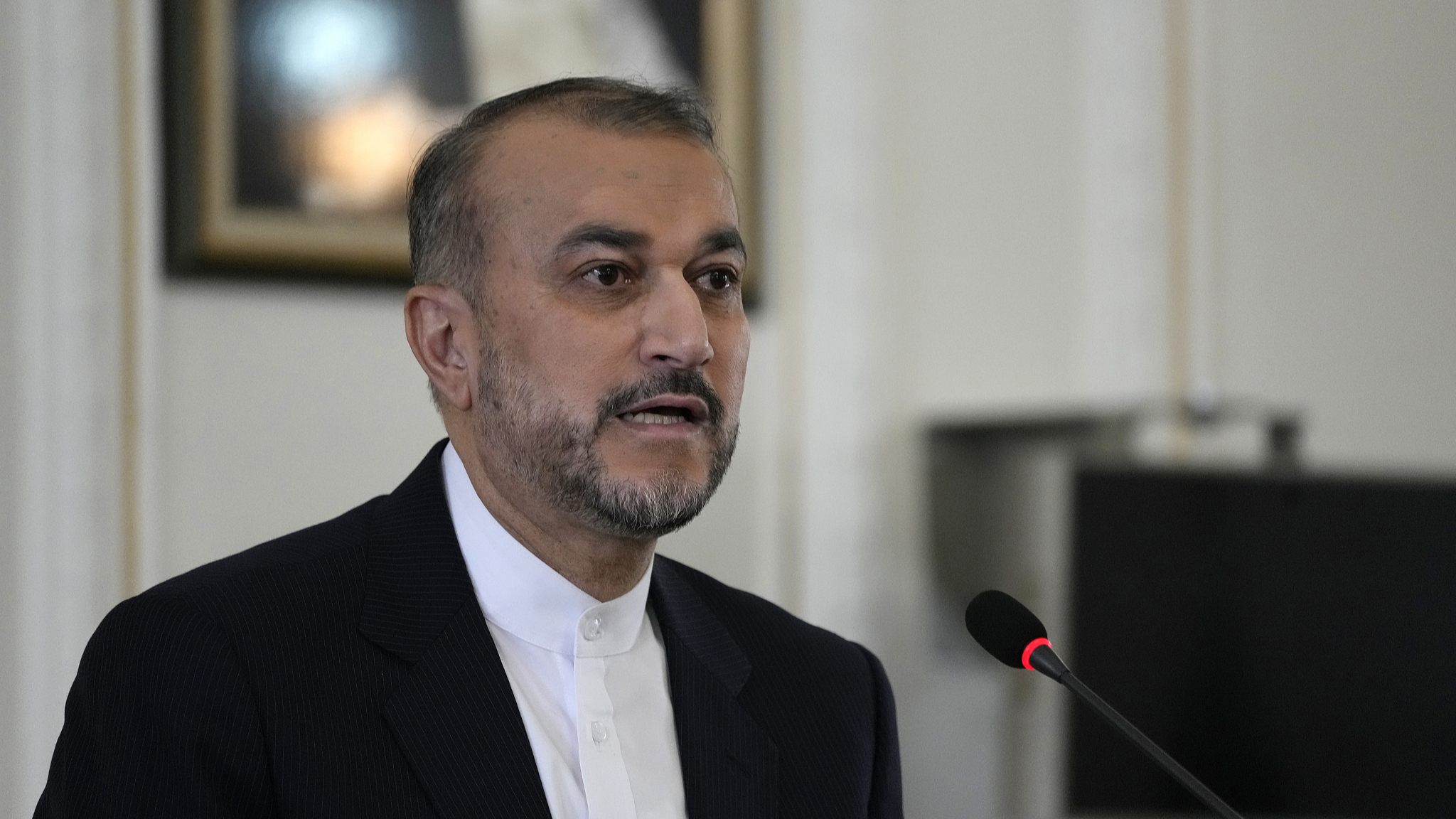 Iranian Foreign Minister Hossein Amirabdollahian speaks during a meeting with foreign ambassadors and envoys to Tehran, Iran, April 14, 2024. /CFP