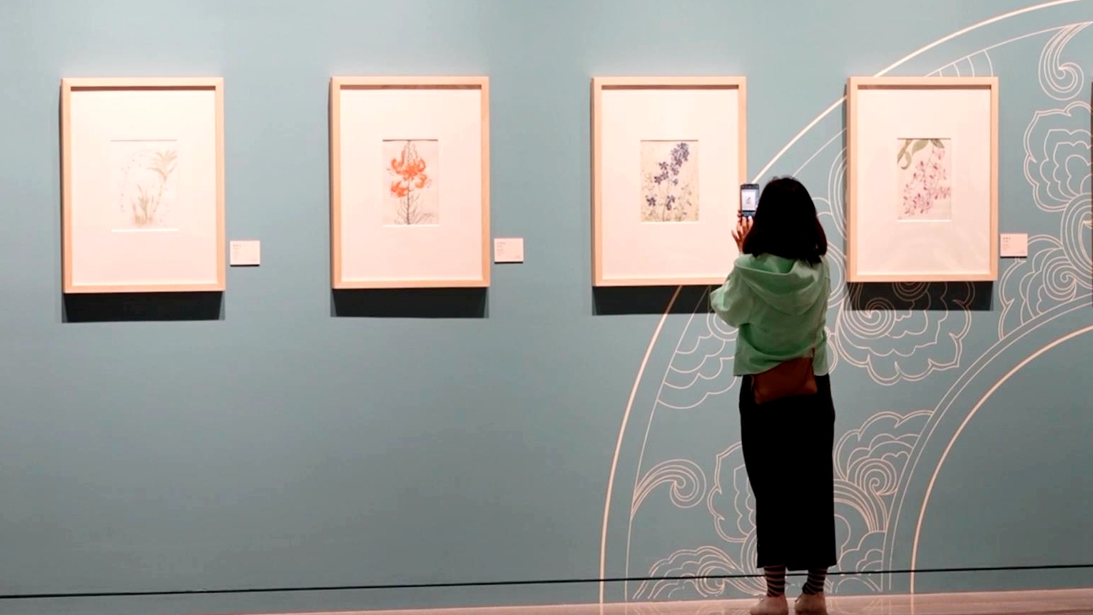A visitor appreciates artworks by Chang Shana on display at the China National Arts and Crafts Museum in Beijing on April 29, 2024. /China Media Group