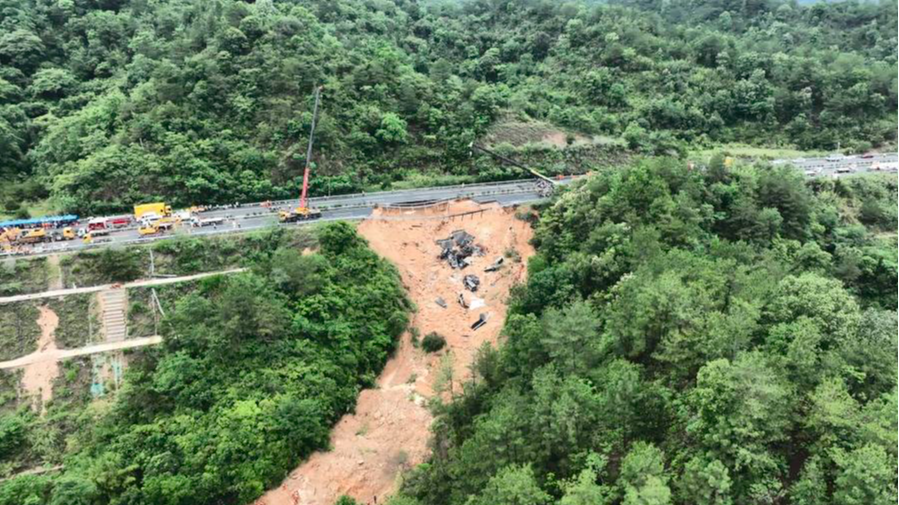 This photo taken on May 1, 2024 shows the site of an expressway collapse on the Meizhou-Dabu Expressway in Meizhou, south China's Guangdong Province. /Xinhua