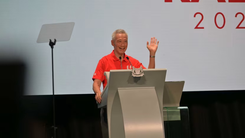 Singapore Prime Minister Lee Hsien Loong speaks at a May Day Rally at Marina Bay Sands Expo & Convention Centre on May 1, 2024. /Reuters