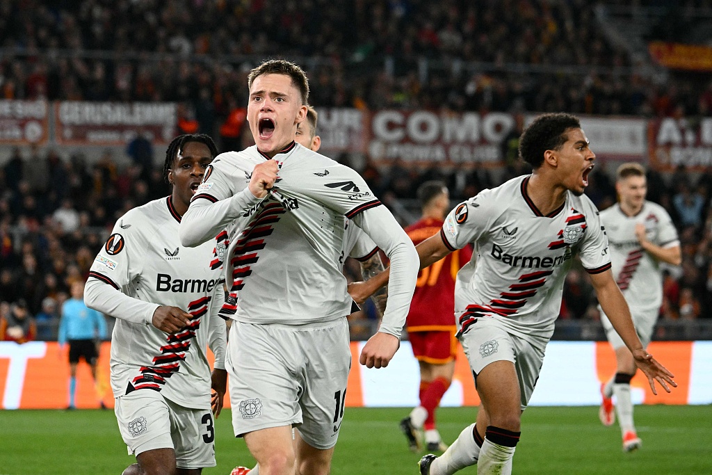 Florian Wirtz (#10) of Bayer Leverkusen celebrates after scoring a goal in the first leg of the UEFA Europa League semifinals against AS Roma at Stadio Olimpico in Rome, Italy, May 2, 2024. /CFP