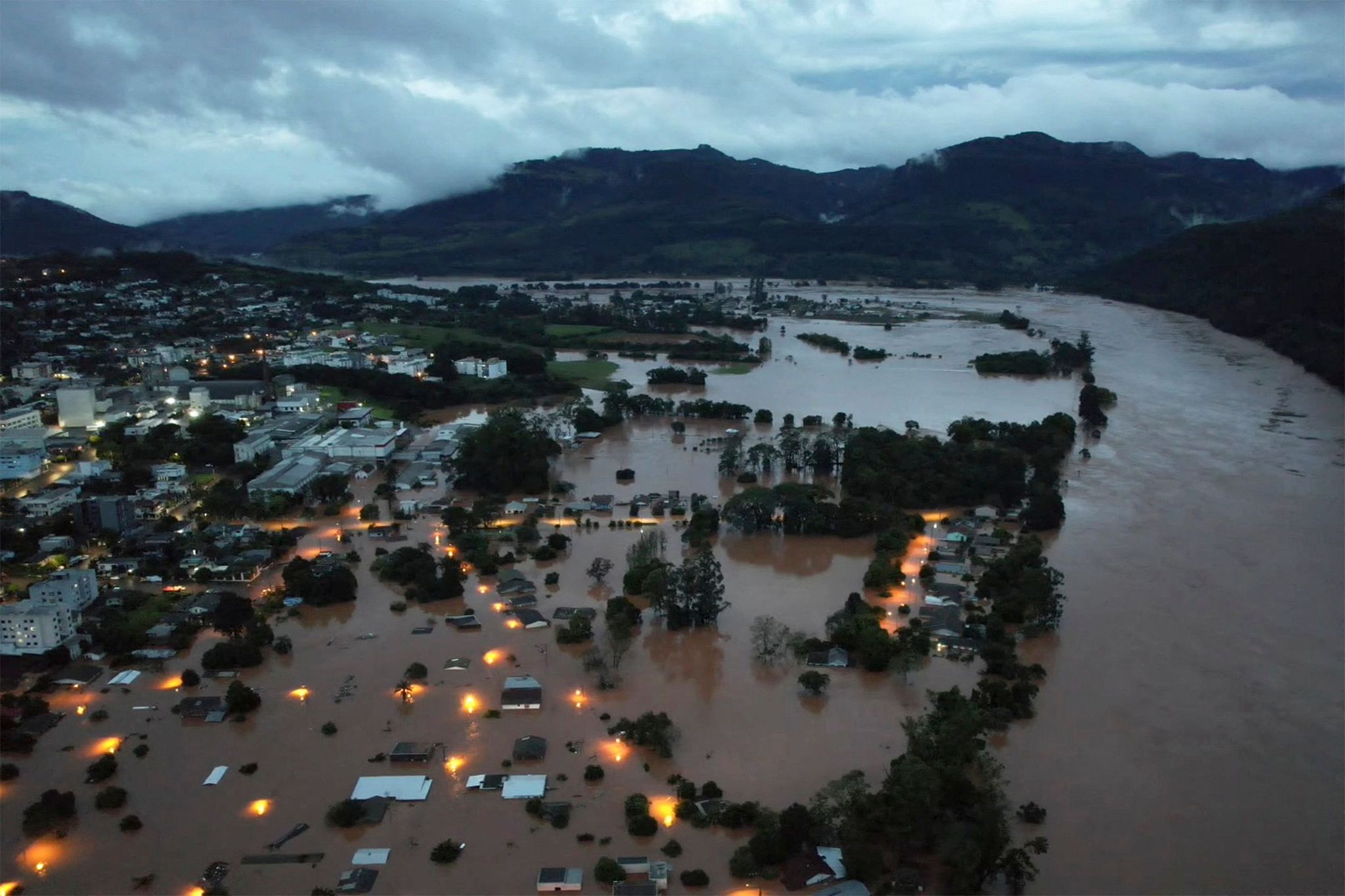 An aerial view shows flooded areas in Encantado city, Rio Grande do Sul, Brazil, May 1, 2024. /CFP