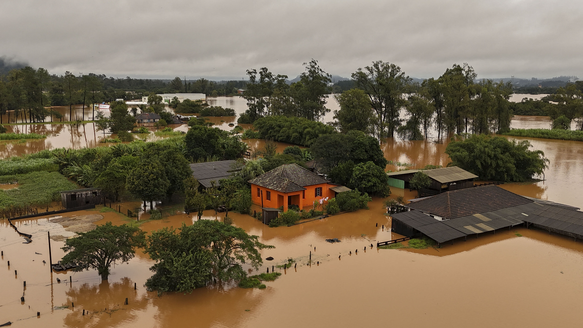 An aerial view shows a flooded area of Capela de Santana, Rio Grande do Sul state, Brazil, on May 2, 2024. /CFP