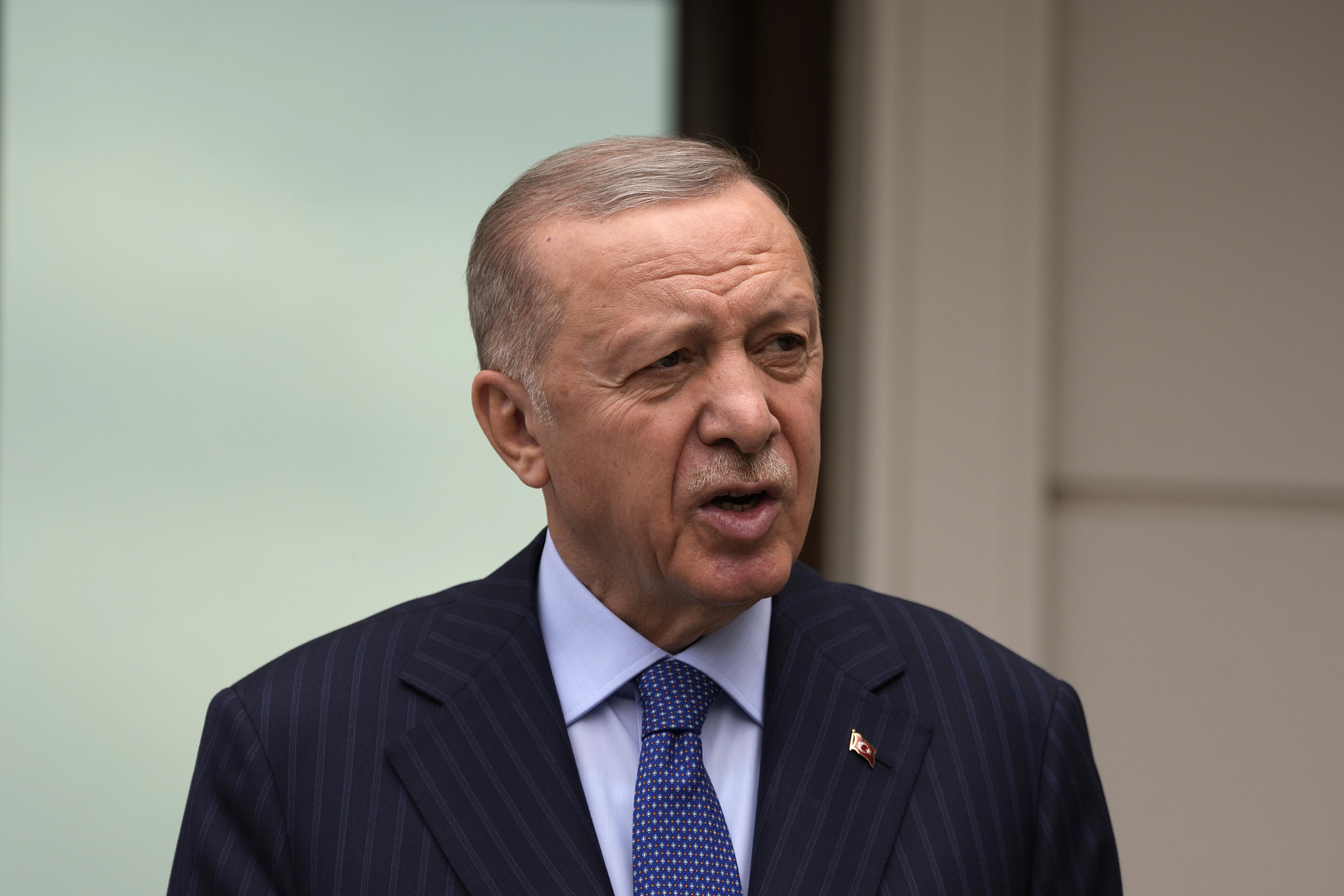 Turkish President Recep Tayyip Erdogan speaks to the media following the Friday noon prayer in Istanbul, Türkiye, May 3, 2024. /CFP