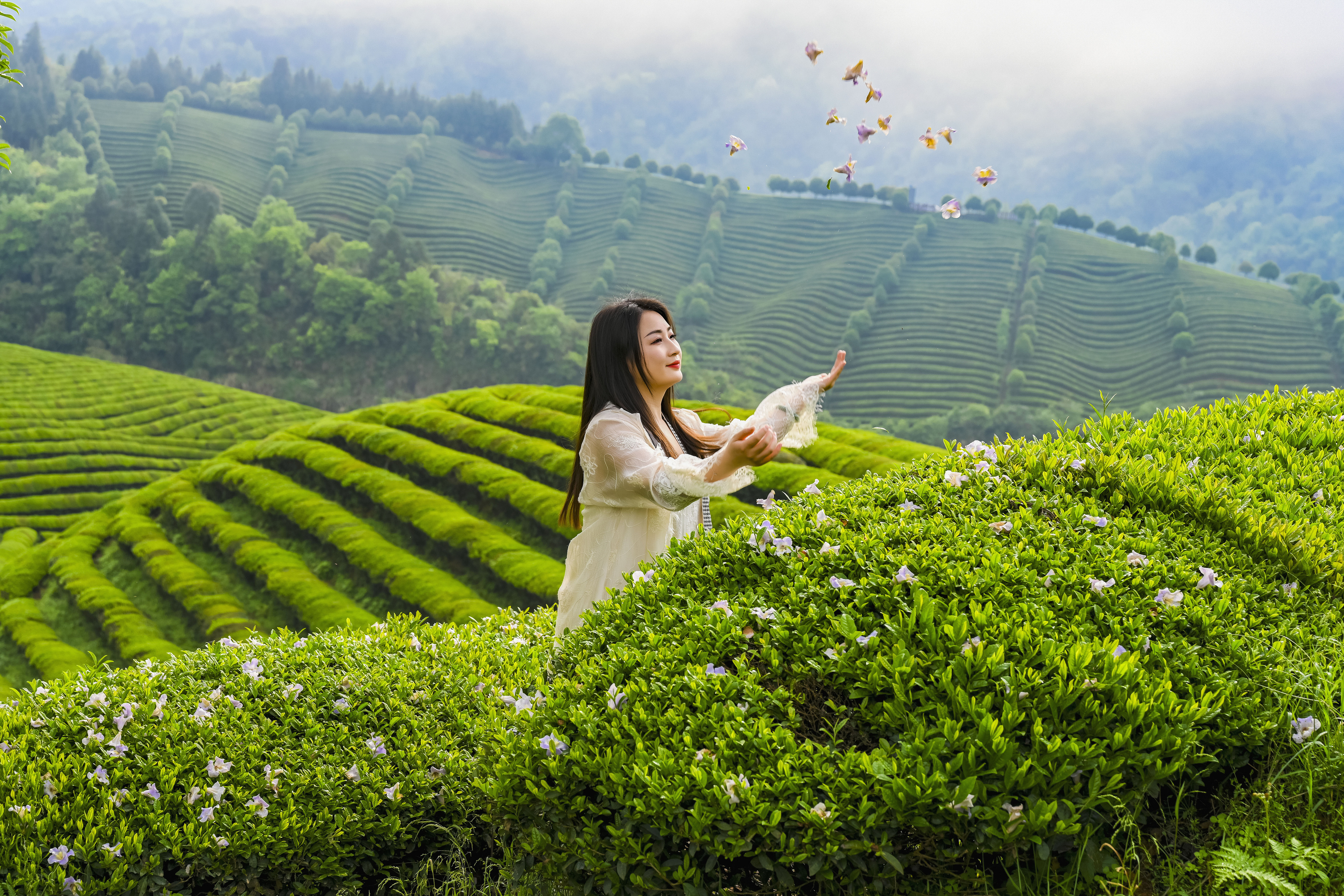 A tourist poses for a photo in a tea plantation in Wuyuan County, Jiangxi Province, April 15, 2024. / CFP