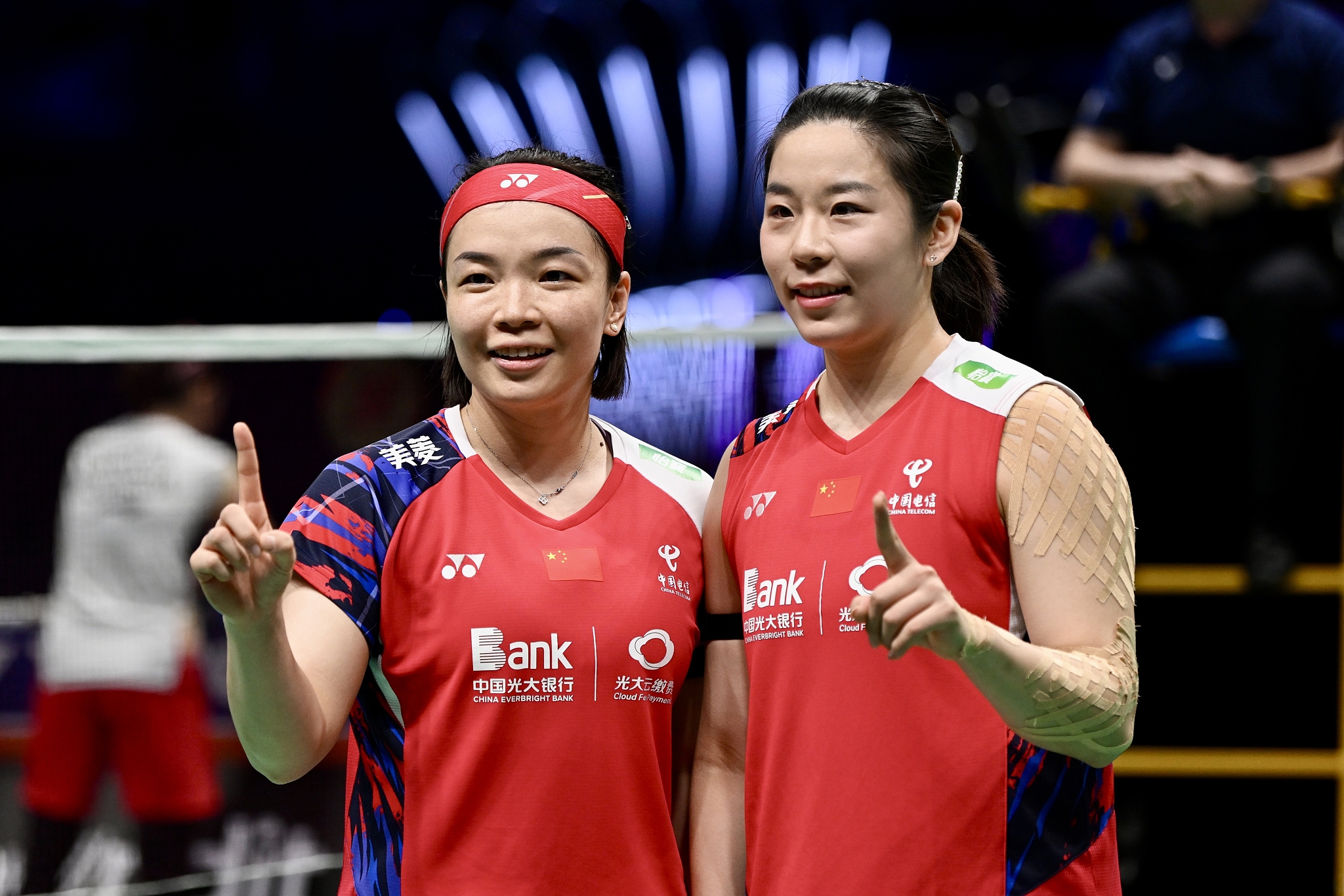 Chen Qingchen (L) and Jia Yifan of China celebrate after winning the women's doubles match during the Uber Cup in Chengdu, China, May 5, 2024. /CFP