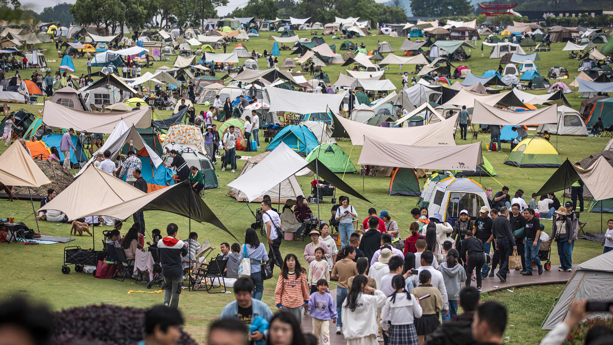 A view of camps and tourists at a grassland in Wuhan City, central China's Hubei Province, May 2, 2024. /CFP