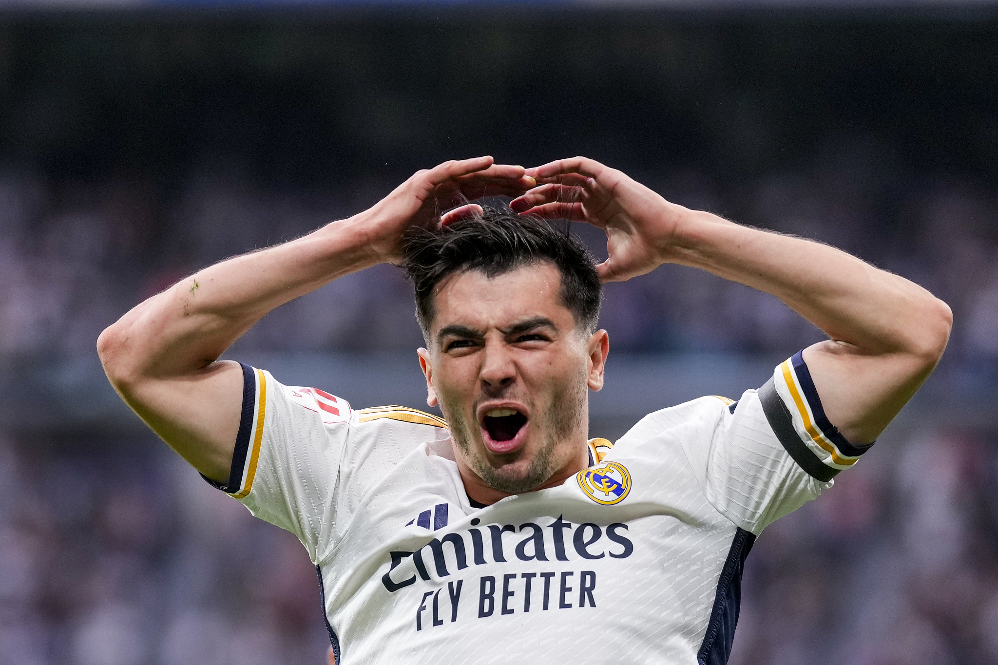 Real Madrid's Brahim Diaz reacts after scoring his side's opening goal during their La Liga clash with Cadiz at Estadio Santiago Bernabeu in Madrid, Spain, May 4, 2024. /CFP