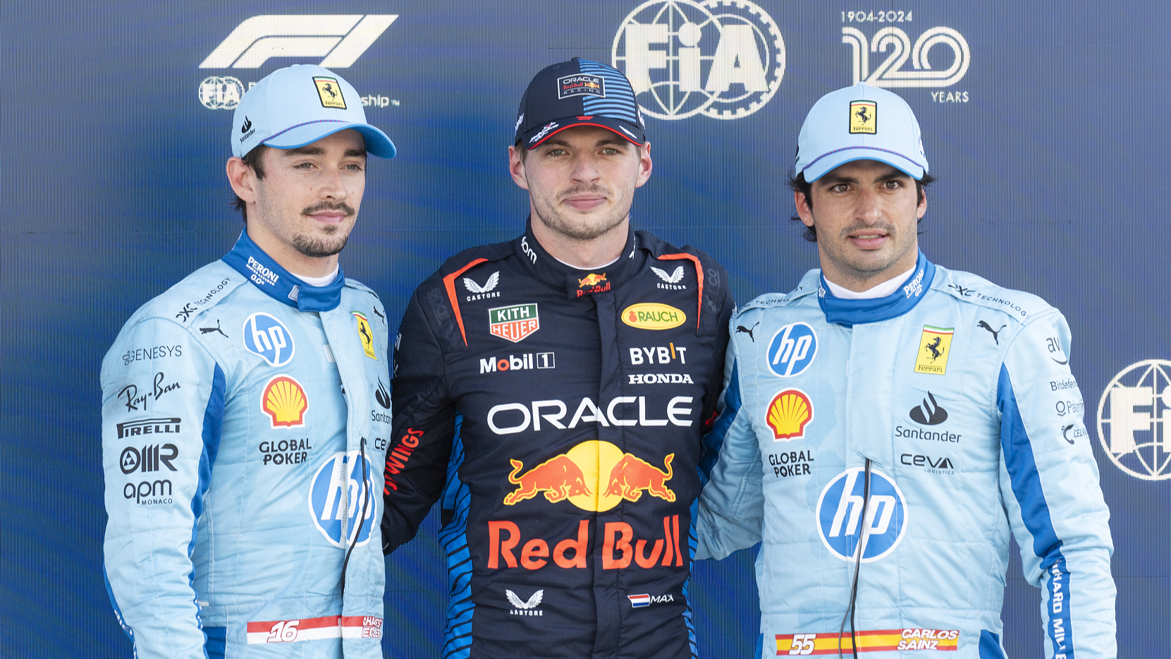 L-R: Charles Leclerc, Max Verstappen and Carlos Sainz pose for a photo after qualifying as top 3 for the Miami Grand Prix in Miami, Florida, U.S., May 4, 2024. /CFP