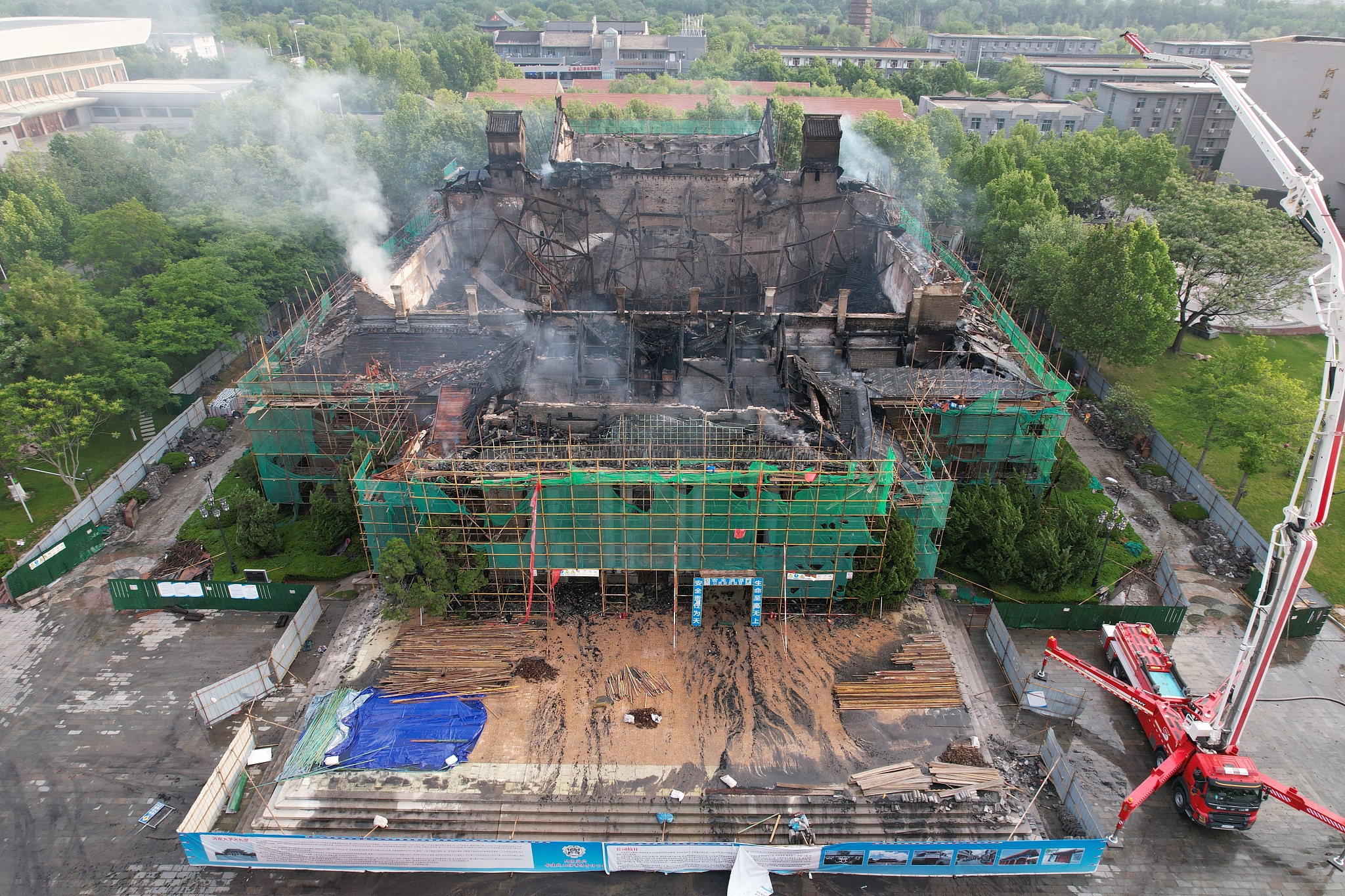 A view of the grand auditorium after the fire was extinguished in the Minglun campus of Henan University, Kaifeng City, central China's Henan Province, May 3, 2024. /CFP