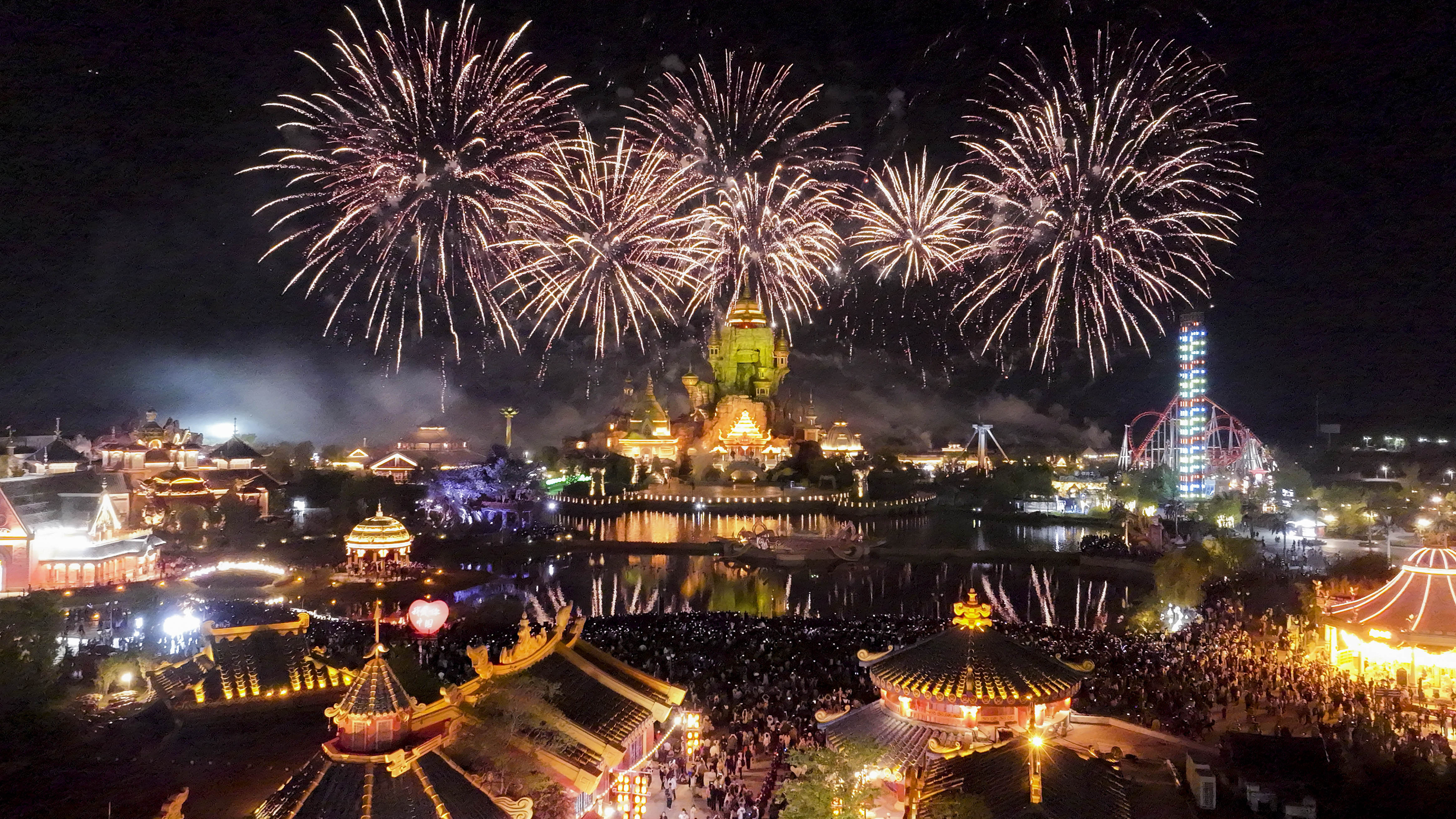 A fireworks show in the theme park 