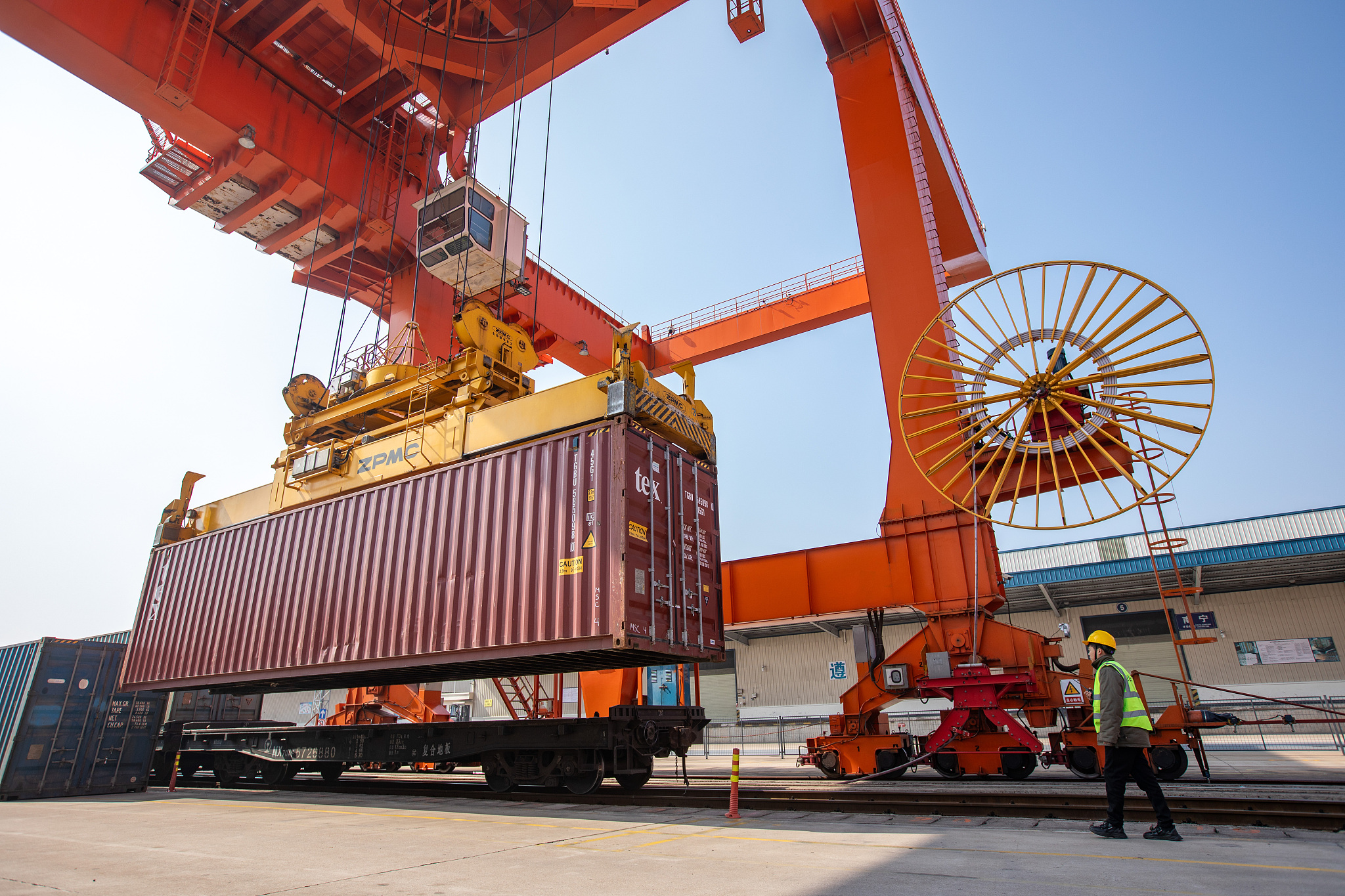 Chinese New Year's first China-Europe freight train departs from Jinhua South Station in Jinhua, east China's Zhejiang Province, February 10, 2024. /CFP