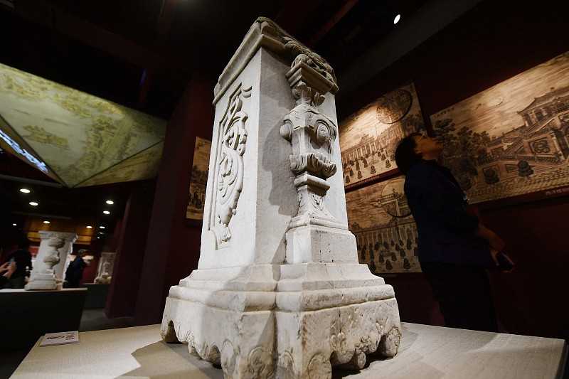 One of the seven carved pillars looted by foreign troops is seen on display at the Old Summer Palace in Beijing on October 13, 2023. /CFP