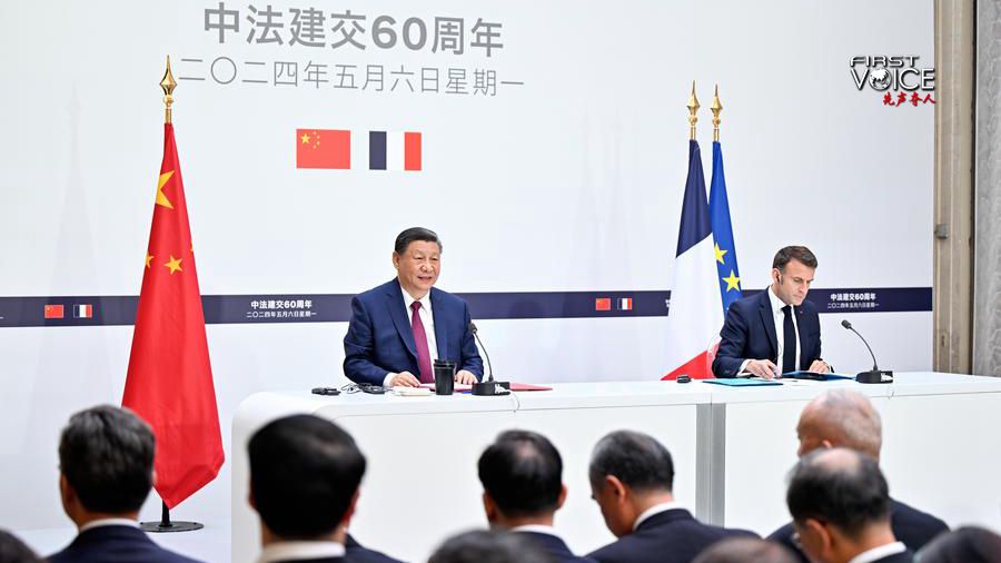 Chinese President Xi Jinping and his French counterpart, Emmanuel Macron, jointly meet the press in Paris, France, May 6, 2024. /Xinhua