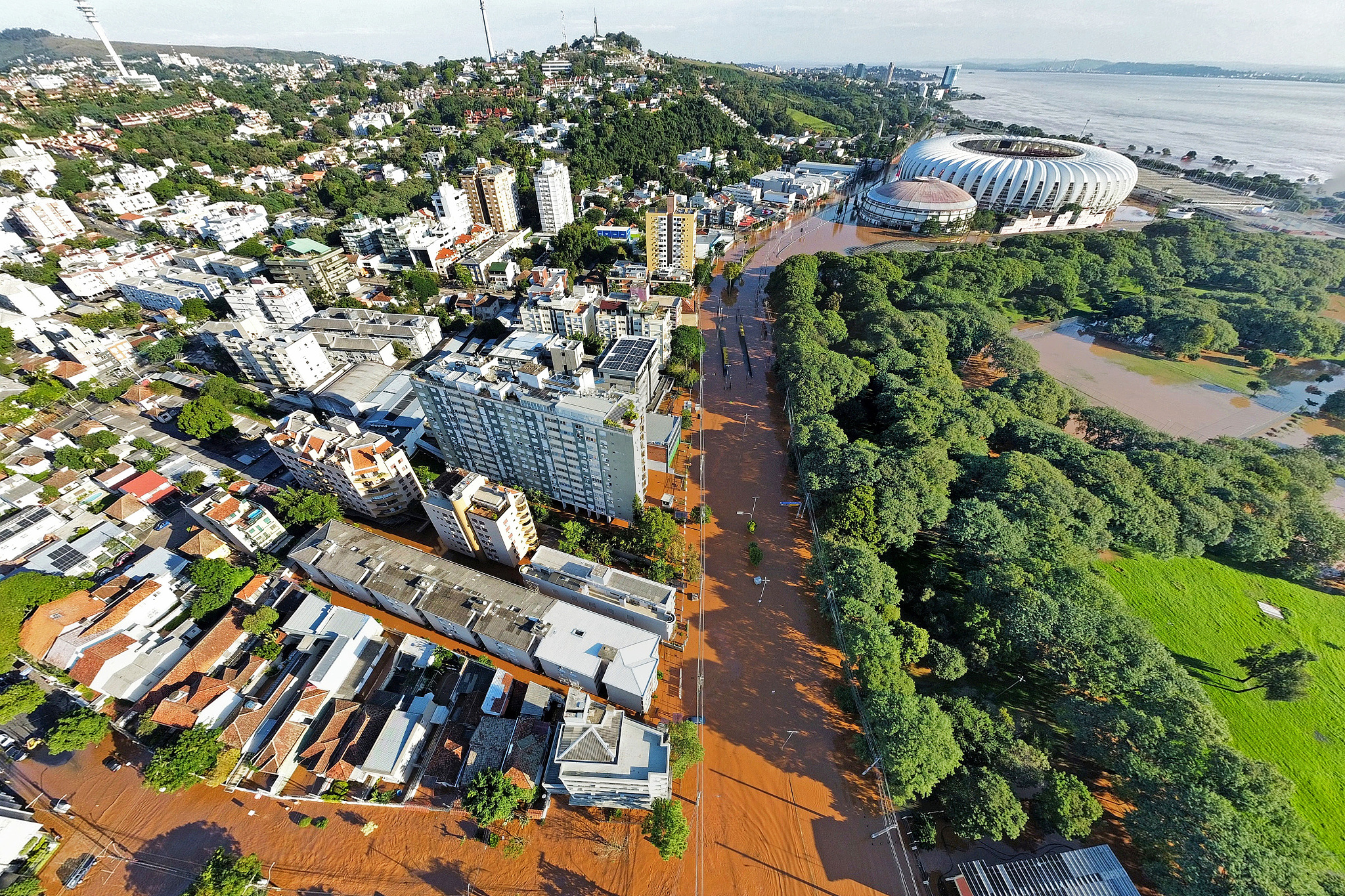 Aerial view of the flooded streets in Menino Deus Neighborhood on May 6, 2024 in Porto Alegre, Brazil. /CFP