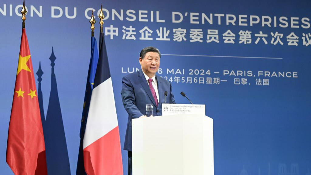 Chinese President Xi Jinping attends the closing ceremony of the Sixth Meeting of the China-France Business Council, together with French President Emmanuel Macron, and delivers a speech titled 