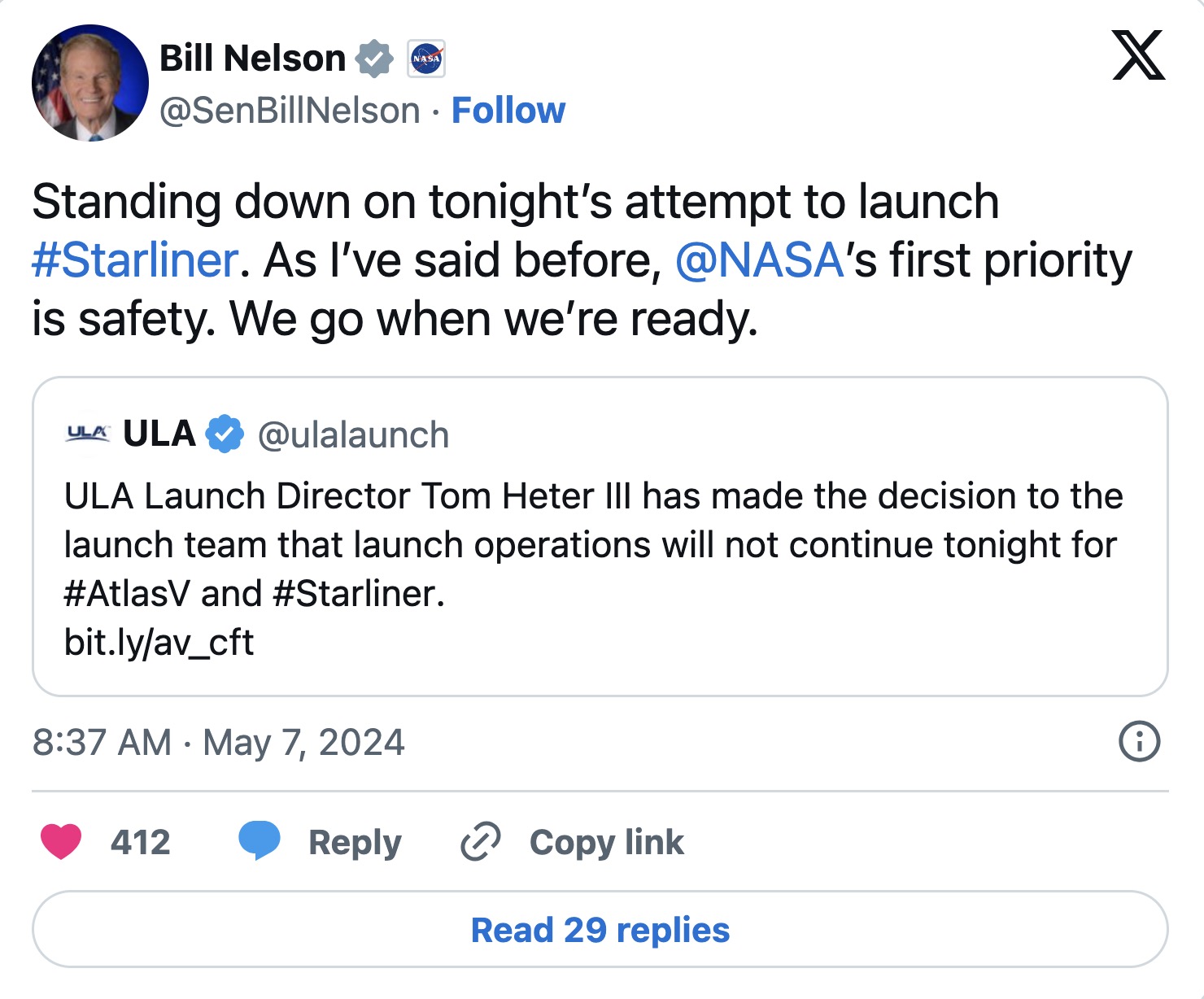 A  screenshot of Bill Nelson's tweet on May 7, 2024.